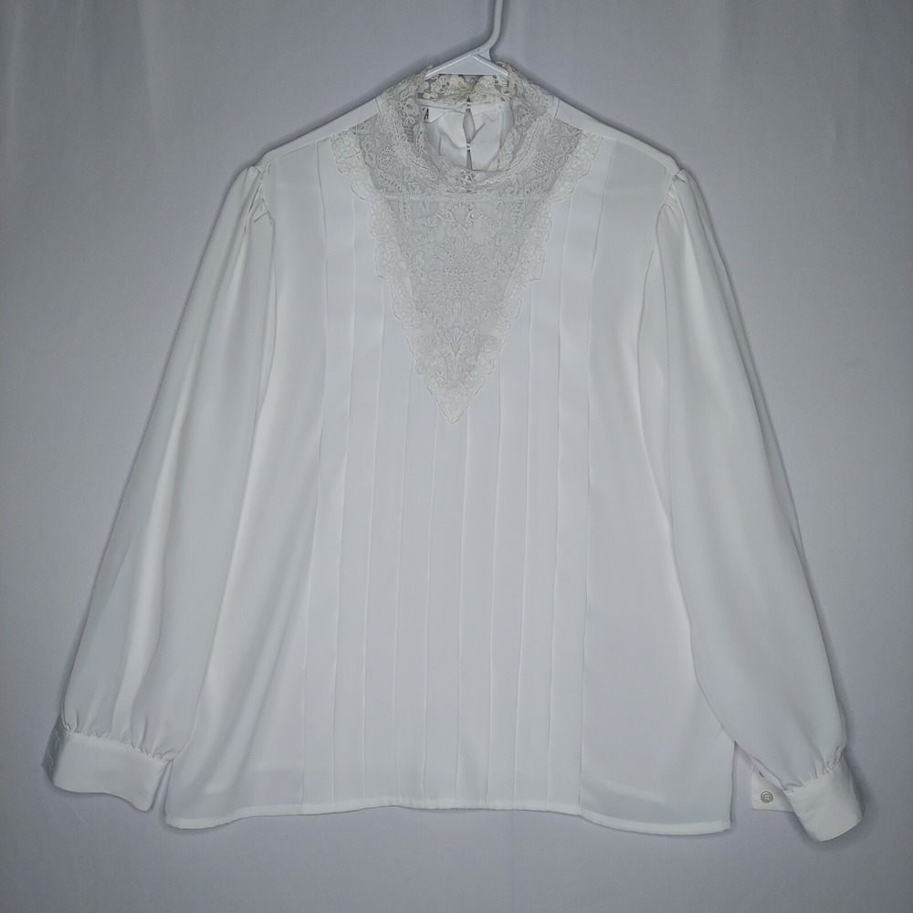 Sellecca‎ Vtg White Sheer Lace Mock Keyhole Top Top Women 16 Feminine Old Money